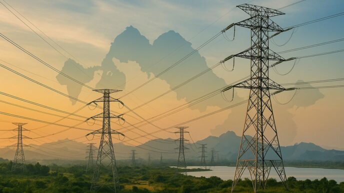 Red Energética ASEAN: Torres de transmisión eléctrica en paisaje sostenible, silueta del mapa ASEAN. Beneficios para Real Estate Sostenible.