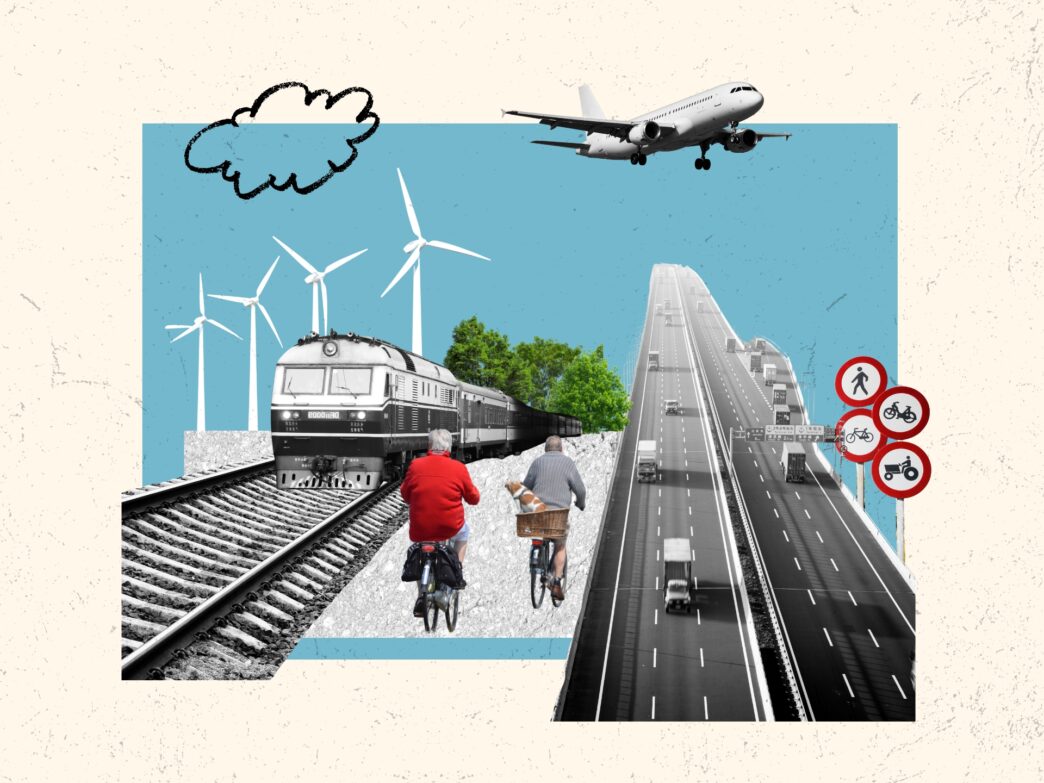 Collage de transporte diverso: avión, tren, autopista, bicicletas y energía eólica. Movilidad sostenible y urbana.