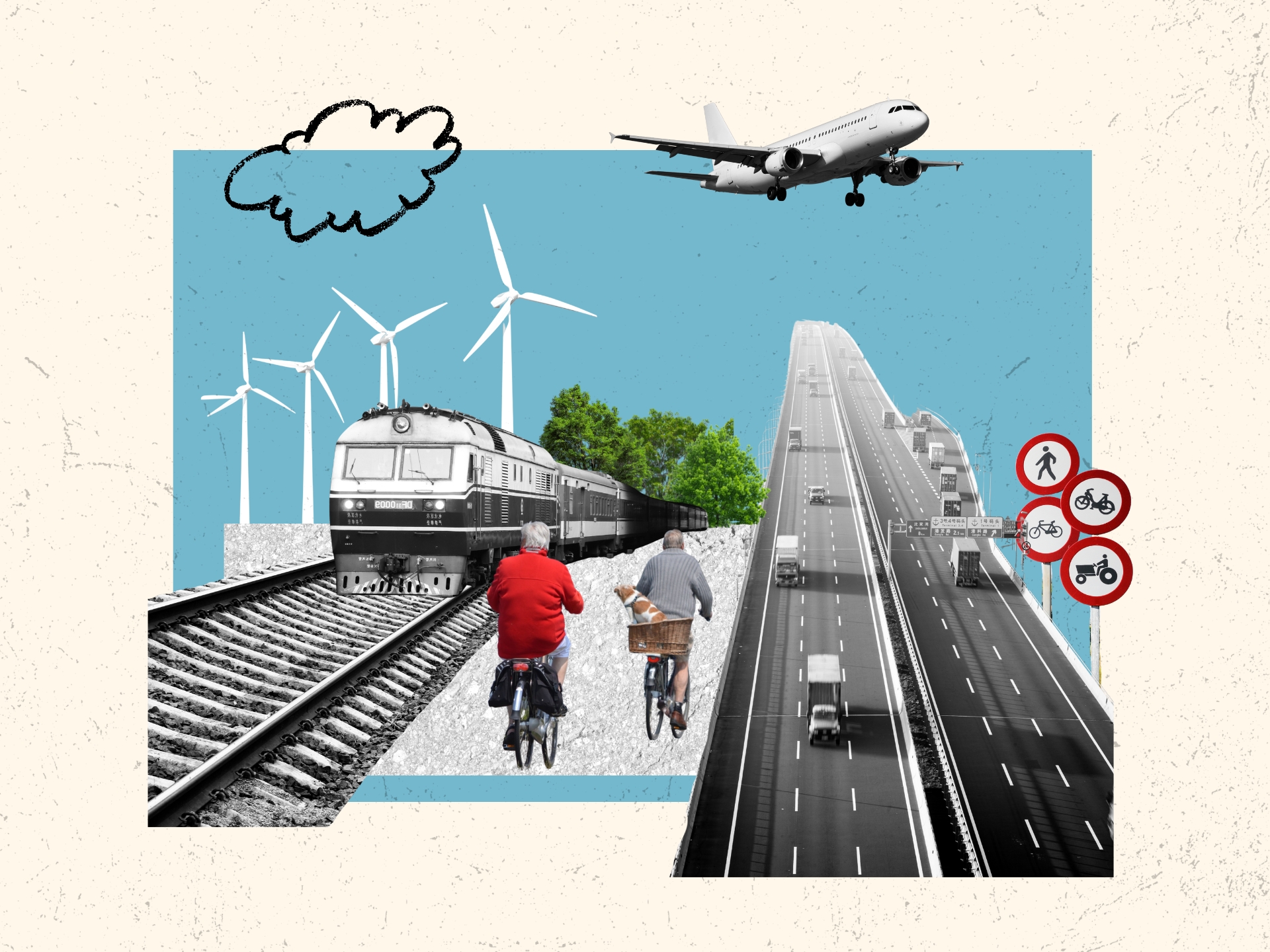 Collage de transporte diverso: avión, tren, autopista, bicicletas y energía eólica. Movilidad sostenible y urbana.