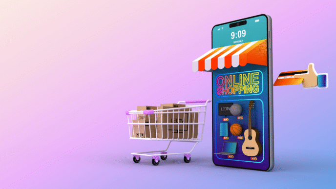 Ilustración 3D de beneficios del comercio electrónico: carrito lleno de paquetes saliendo de un móvil con toldo y artículos en venta online.