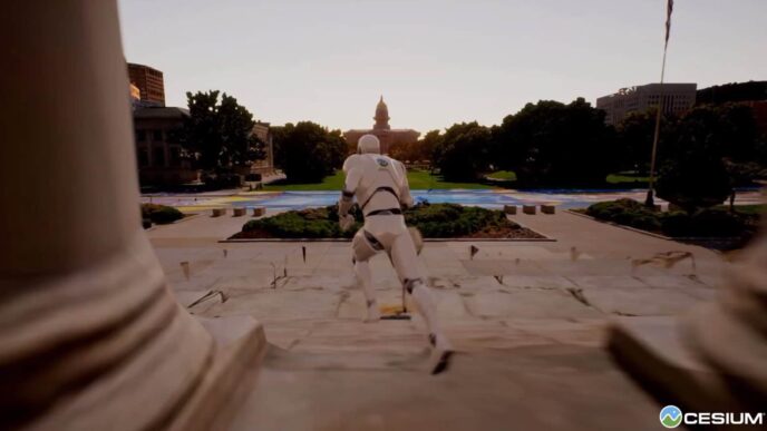 Robot blanco corriendo hacia un edificio con cúpula, modelado 3D con Cesium. Innovación Bentley en visualización arquitectónica.