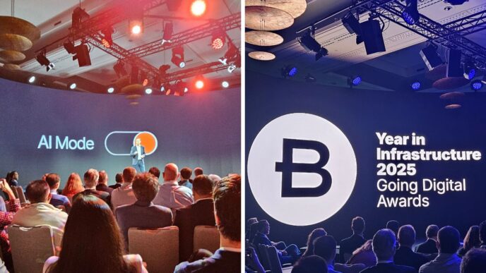 Asistentes en evento Bentley Systems: IA confiable en infraestructura. Presentación 'AI Mode' y 'Year in Infrastructure 2025 Awards'. Innovación digital.