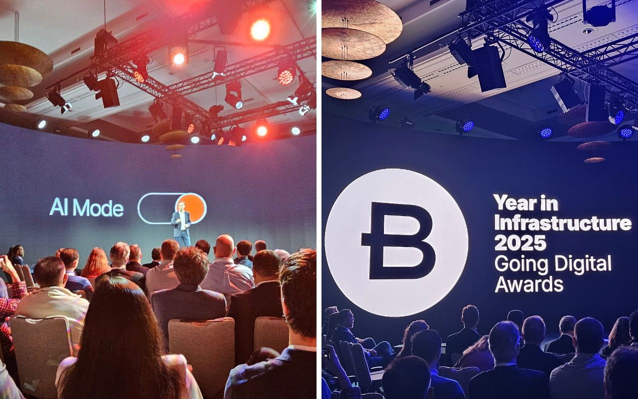 Asistentes en evento Bentley Systems: IA confiable en infraestructura. Presentación 'AI Mode' y 'Year in Infrastructure 2025 Awards'. Innovación digital.