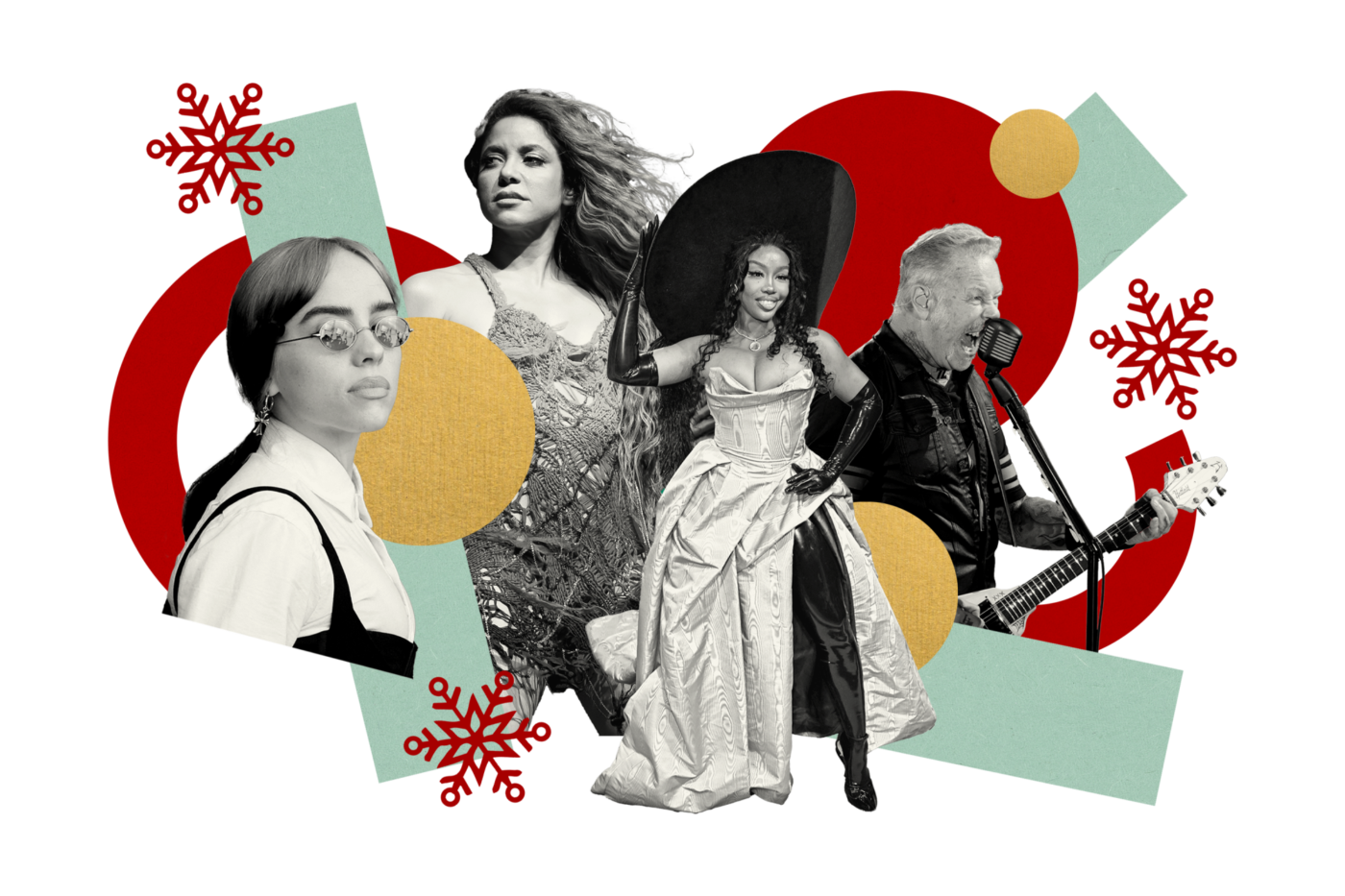 Ilustración con collage de Billie Eilish, Shakira, Brandy Norwood y James Hetfield. Diseño artístico con elementos gráficos y festivos.