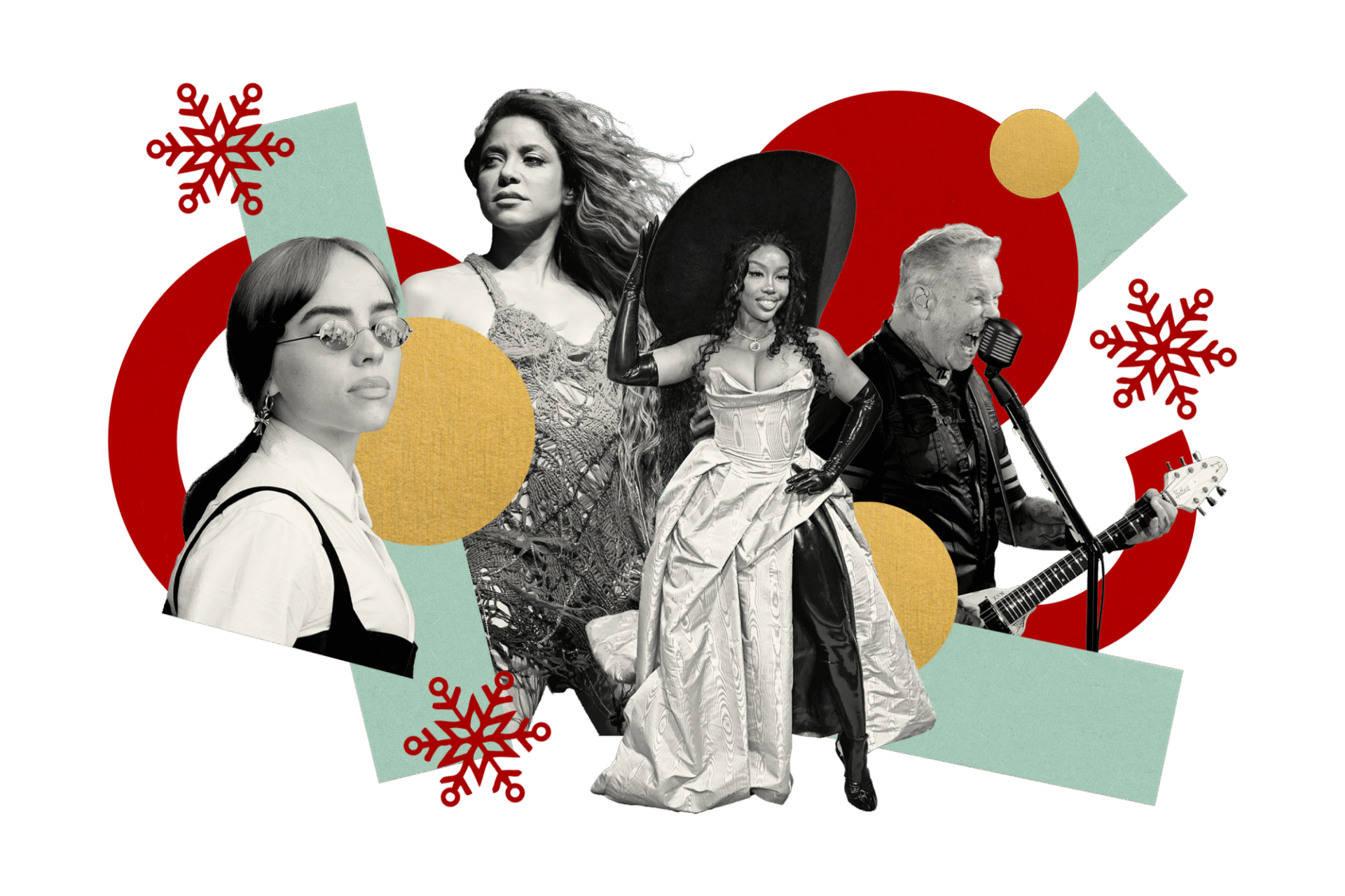 Ilustración con collage de Billie Eilish, Shakira, Brandy Norwood y James Hetfield. Diseño artístico con elementos gráficos y festivos.