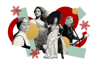 Ilustración con collage de Billie Eilish, Shakira, Brandy Norwood y James Hetfield. Diseño artístico con elementos gráficos y festivos.