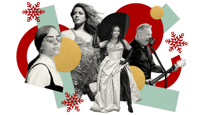 Ilustración con collage de Billie Eilish, Shakira, Brandy Norwood y James Hetfield. Diseño artístico con elementos gráficos y festivos.
