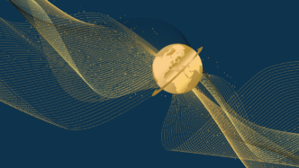 Ilustración dorada de un mundo con un anillo, sobre un fondo azul con líneas onduladas. Ideal para créditos CEDIS e hipotecarios de BIM.