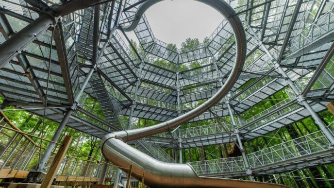 Estructura metálica con tobogán en espiral en un bosque, representando la colaboración Bioenergy Ibérica y Dominion para descarbonización industrial.