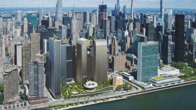 Venue/architecture.

Diseño arquitectónico de rascacielos en Nueva York, EE. UU. Visualización del proyecto inmobiliario de Bjarke Ingels Group. Inmobiliare Summits.