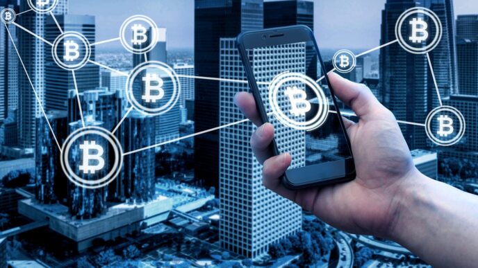 Mano sujetando un teléfono mostrando Bitcoin sobre un fondo urbano, representando la revolución del blockchain en el real estate.