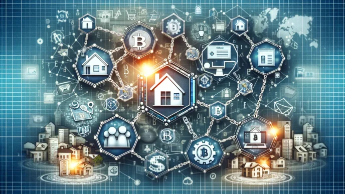 Ilustración de Blockchain revolucionando transacciones de Home Equity. Iconos de casas, Bitcoin y tecnología conectados en red digital.