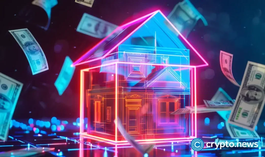 Ilustración de una casa neón con billetes de dólar flotando, representando la transformación del Real Estate con Blockchain y Fireblocks.