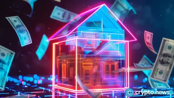 Ilustración de una casa neón con billetes de dólar flotando, representando la transformación del Real Estate con Blockchain y Fireblocks.