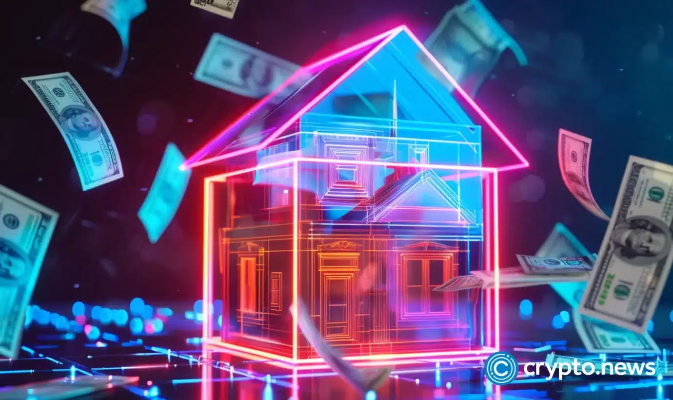 Ilustración de una casa neón con billetes de dólar flotando, representando la transformación del Real Estate con Blockchain y Fireblocks.