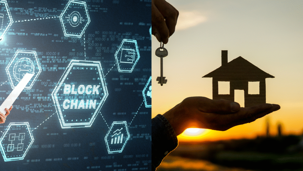 Innovación inmobiliaria: Blockchain impulsando la compraventa de activos digitales. Persona con llave frente a casa y red blockchain.