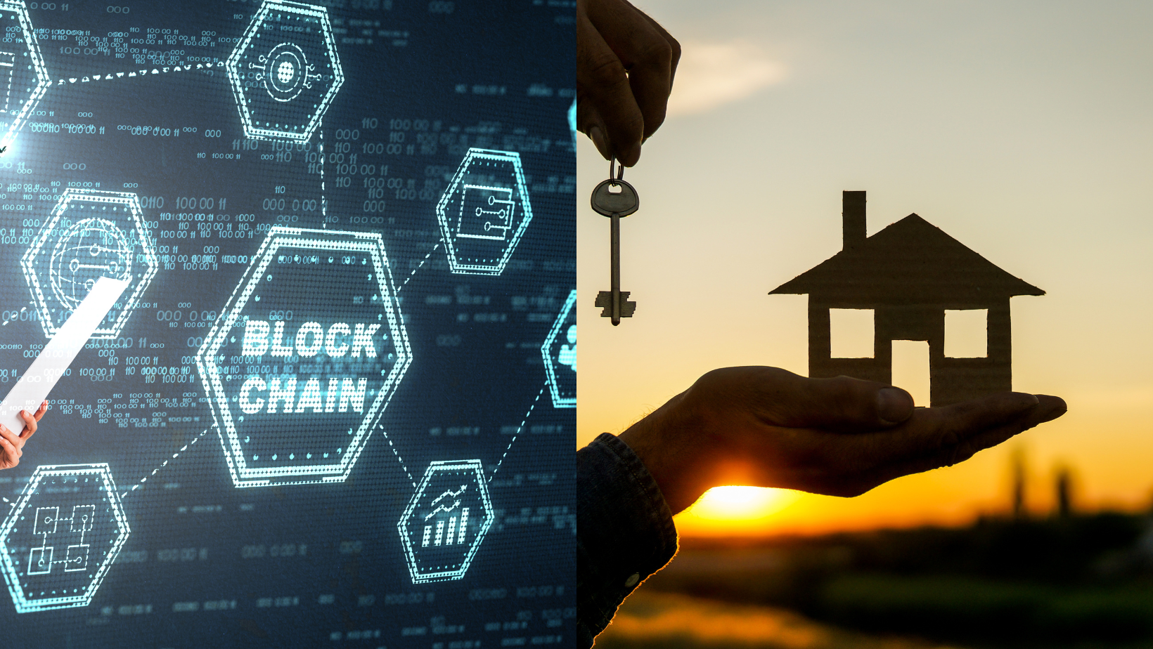 Innovación inmobiliaria: Blockchain impulsando la compraventa de activos digitales. Persona con llave frente a casa y red blockchain.
