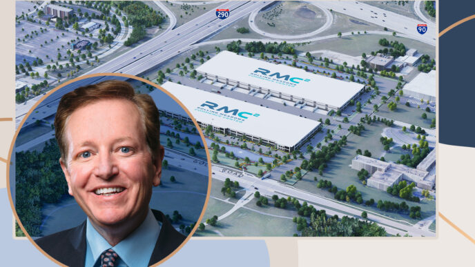 Imagen promocional de Brennan Investment Group en Illinois, mostrando un complejo industrial moderno y la foto de un ejecutivo sonriente. Inversión estratégica.