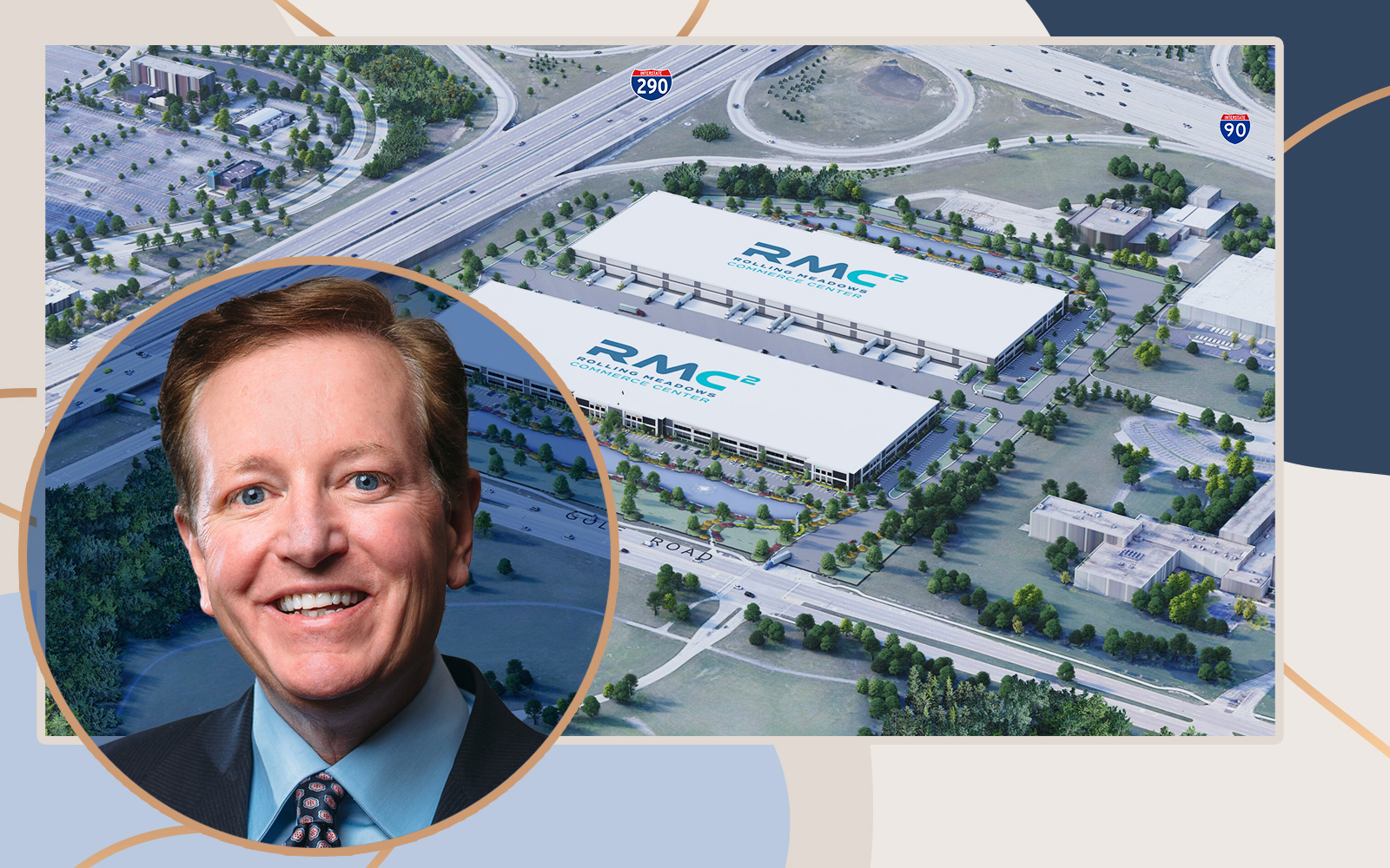 Imagen promocional de Brennan Investment Group en Illinois, mostrando un complejo industrial moderno y la foto de un ejecutivo sonriente. Inversión estratégica.