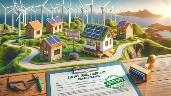 Viviendas turísticas Canarias con paneles solares y molinos. Regulación inmobiliaria para evitar problemas. Propiedades aprobadas para alquiler vacacional.