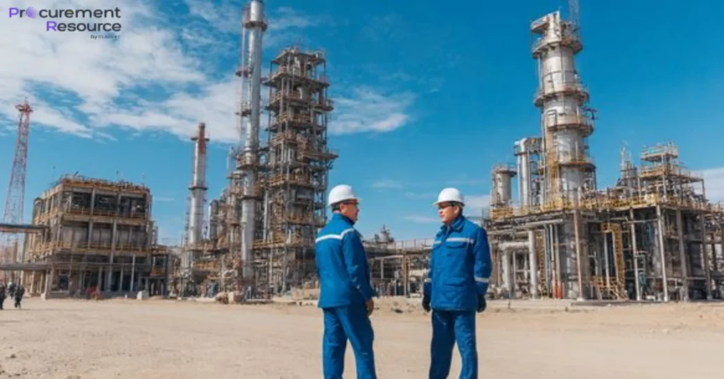 Dos ingenieros en Uzbekistán frente a planta industrial, discutiendo innovaciones en captura de carbono. Proyecto clave para sostenibilidad.