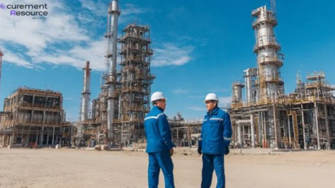 Dos ingenieros en Uzbekistán frente a planta industrial, discutiendo innovaciones en captura de carbono. Proyecto clave para sostenibilidad.