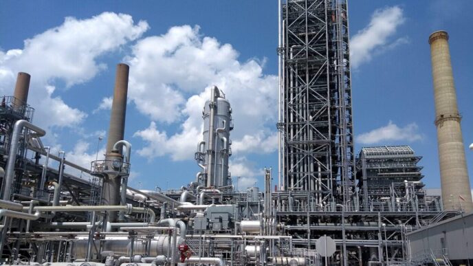 Instalación de captura de carbono en un complejo industrial. Tuberías y torres reflejan la transformación energética del real estate.