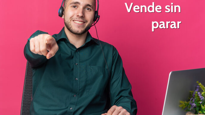 Headshot de un agente con audífonos sonriendo y señalando a la cámara. Texto: Vende sin parar. Inmobiliare Summits.