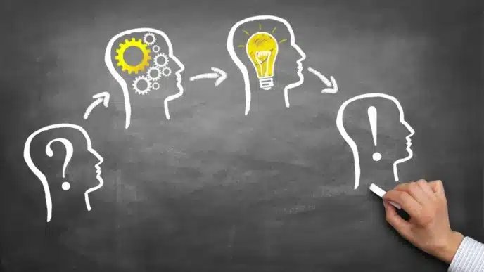 Ilustración de pizarra con proceso de pensamiento. Ideas y soluciones en Inmobiliare Summits para el sector inmobiliario en México.