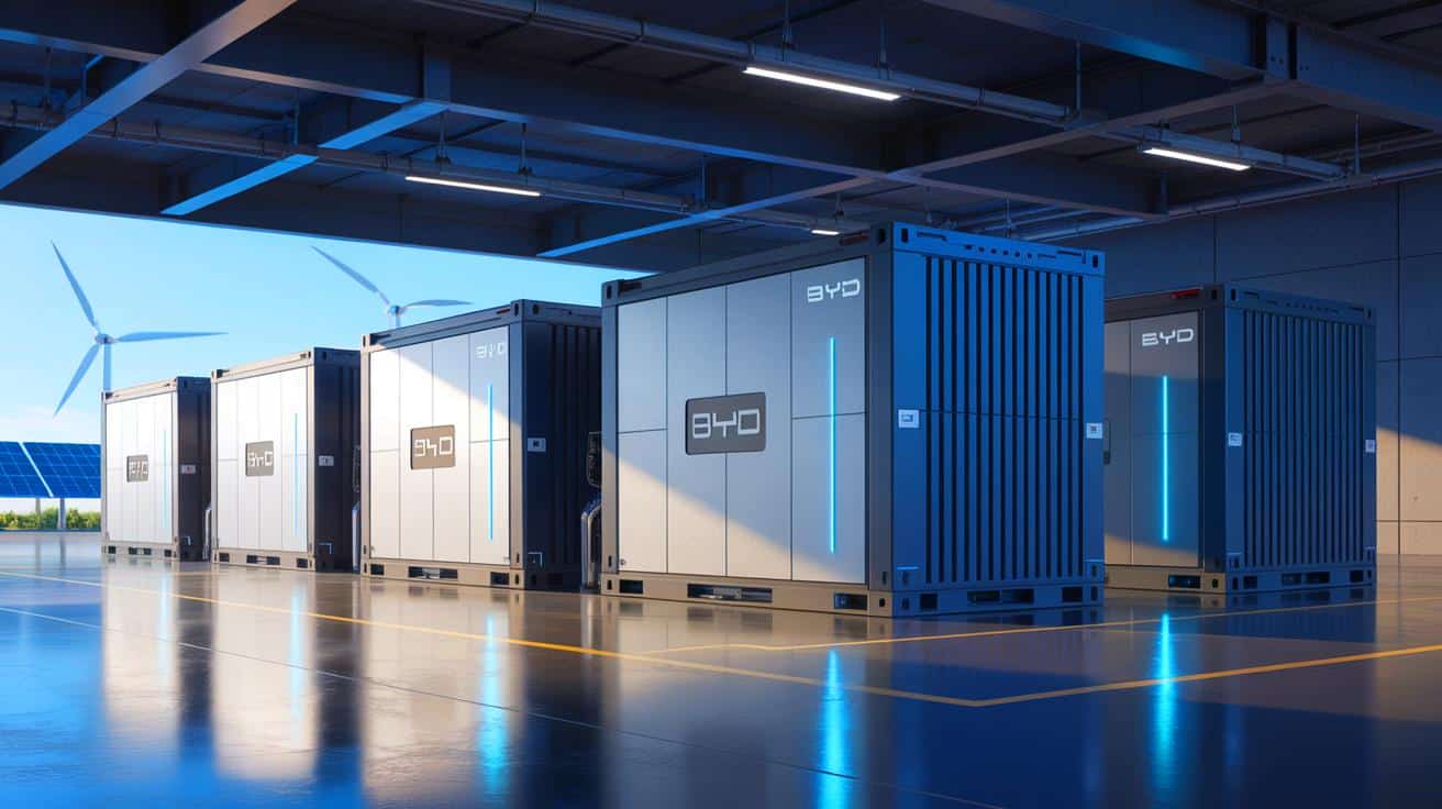 Batería de 5 MW BYD para eficiencia energética Catalyze. Contenedores con logo BYD, energía solar y eólica de fondo. Innovación en almacenamiento.