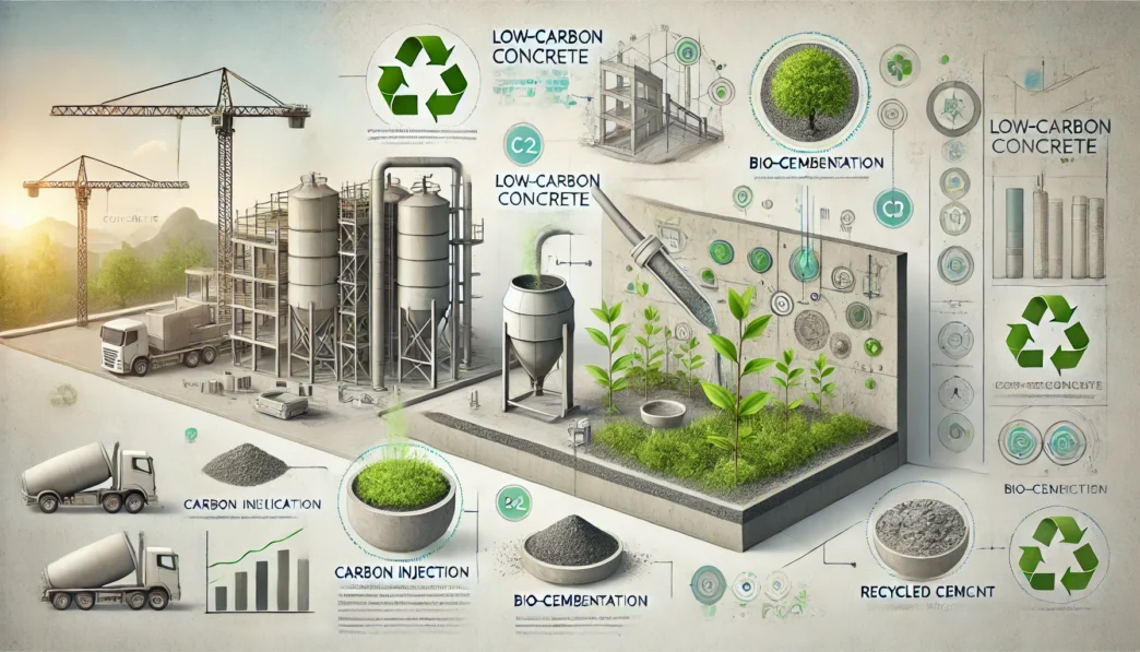 Infografía de cemento descarbonizado y construcción sostenible: procesos de bio-cementación, inyección de carbono y uso de hormigón reciclado.