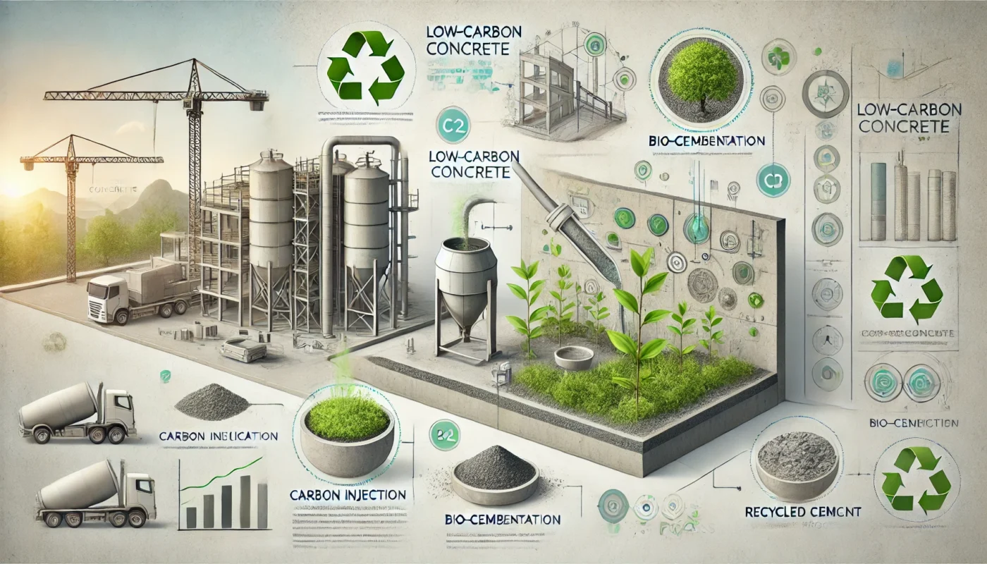 Infografía de cemento descarbonizado y construcción sostenible: procesos de bio-cementación, inyección de carbono y uso de hormigón reciclado.