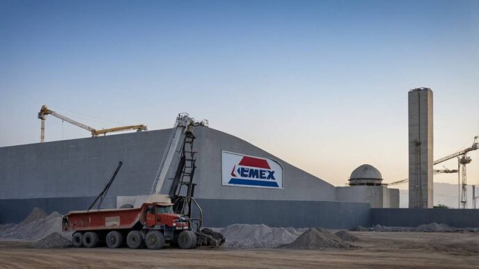 Planta de Cemex en República Dominicana con camión de volteo y grúas. Venta de operaciones de Cemex en RD. Industria del cemento y construcción.