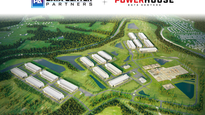 Vista aérea de centros de datos verdes, la nueva frontera del real estate. Edificios modernos en un entorno natural, reflejando innovación y sostenibilidad.