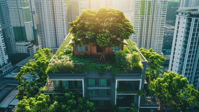 Venue/architecture.

Edificio con techo verde y árbol en ciudad, ejemplo de arquitectura sostenible. Inmobiliare Summits promueve el real estate y la innovación en LATAM.