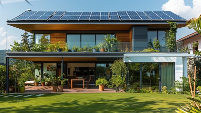 Venue/architecture.
Casa moderna con paneles solares y vegetación. Arquitectura sustentable en Inmobiliare Summits, real estate, con certificación en México.