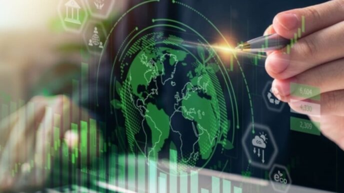 Visualización digital de Circle Dubai: Innovación en sostenibilidad y reducción de residuos. Mano señala mapa mundial con indicadores ecológicos.