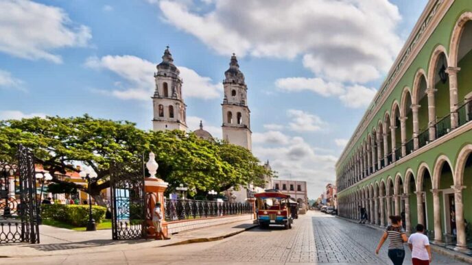 Vista urbana de Mérida, Yucatán, con la catedral y edificios coloniales. Destino cotizado para vivir en México en 2023. Arquitectura y turismo.