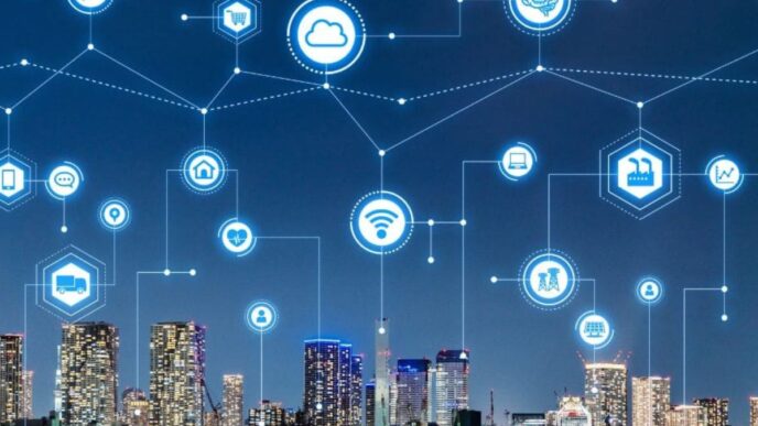 Ciudad futurista con iconos de tecnología. Inmobiliare Summits analiza el futuro del real estate en México y LATAM.