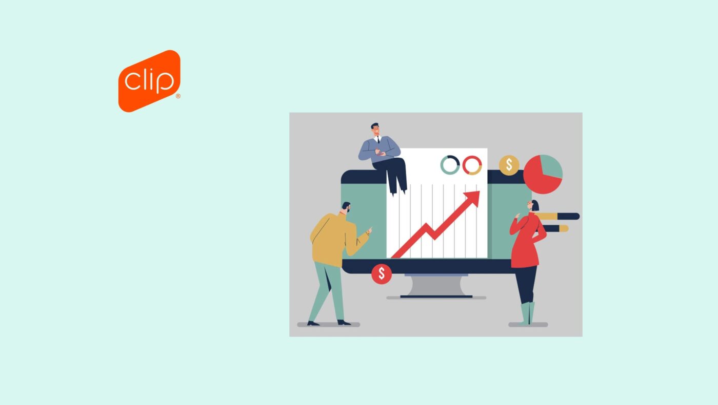 Ilustración de equipo analizando datos de Clip Pin Pad, con gráficas de crecimiento y finanzas, simbolizando pagos mejorados para empresas en México.