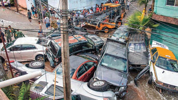 La imagen muestra inundaciones en Veracruz, México, con autos dañados. Impacto en el sector inmobiliario y la ciudad.