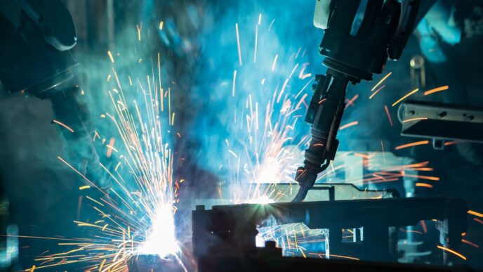 Robots de soldadura trabajando en el sector inmobiliario. Innovación con chispas y precisión. Automatización en la construcción de vanguardia.