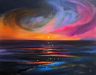 Pintura de atardecer en Acapulco, México. Arte de la colección Atardeceres para Inmobiliare Summits. Apoya la reconstrucción a través del arte.