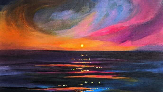 Pintura de atardecer en Acapulco, México. Arte de la colección Atardeceres para Inmobiliare Summits. Apoya la reconstrucción a través del arte.