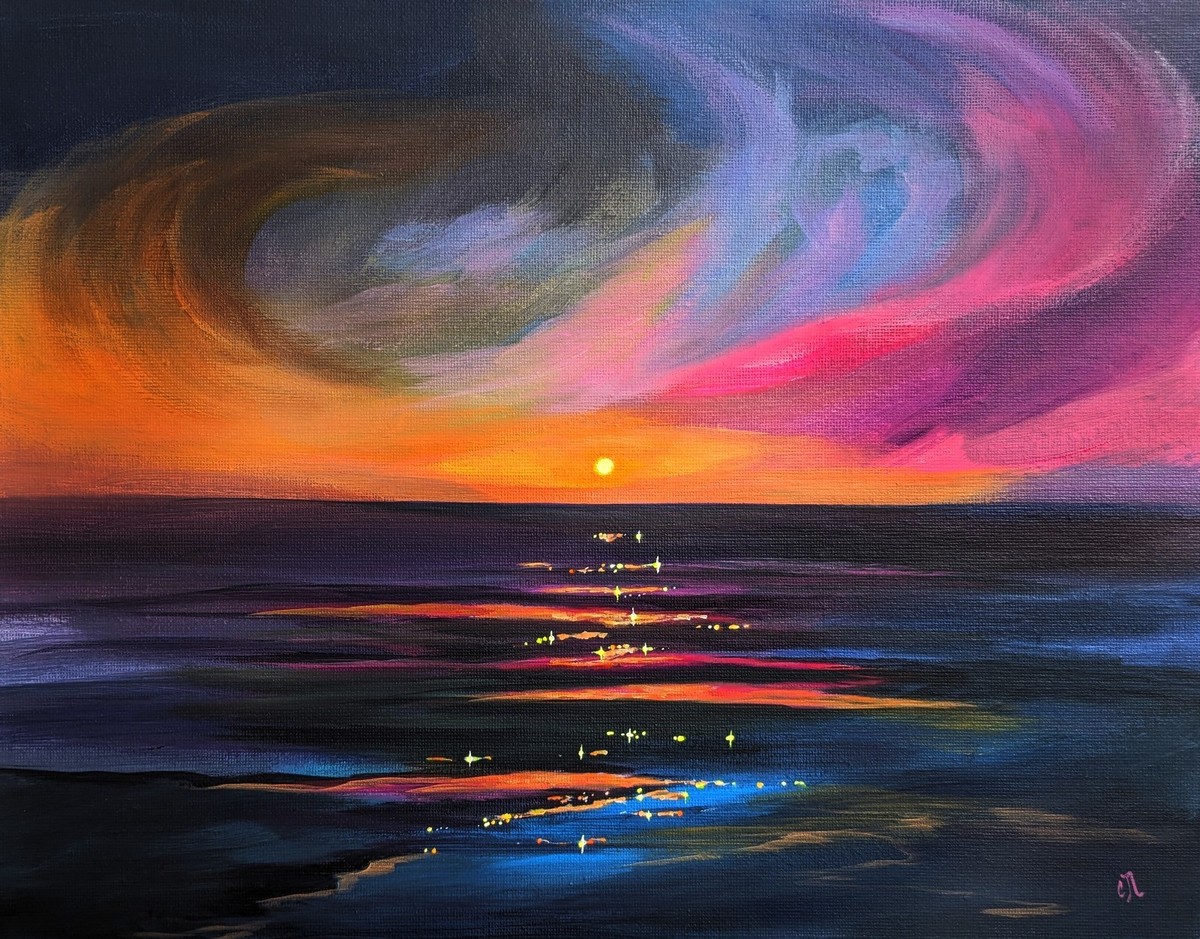 Pintura de atardecer en Acapulco, México. Arte de la colección Atardeceres para Inmobiliare Summits. Apoya la reconstrucción a través del arte.