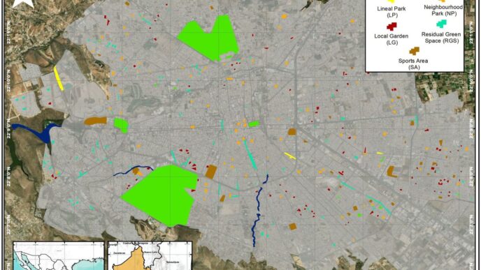Venue/Architecture.

Mapa de áreas verdes en Aguascalientes, México. Representación gráfica de parques urbanos, lineales y jardines locales. Inmobiliare Summits analiza el espacio público en la ciudad.