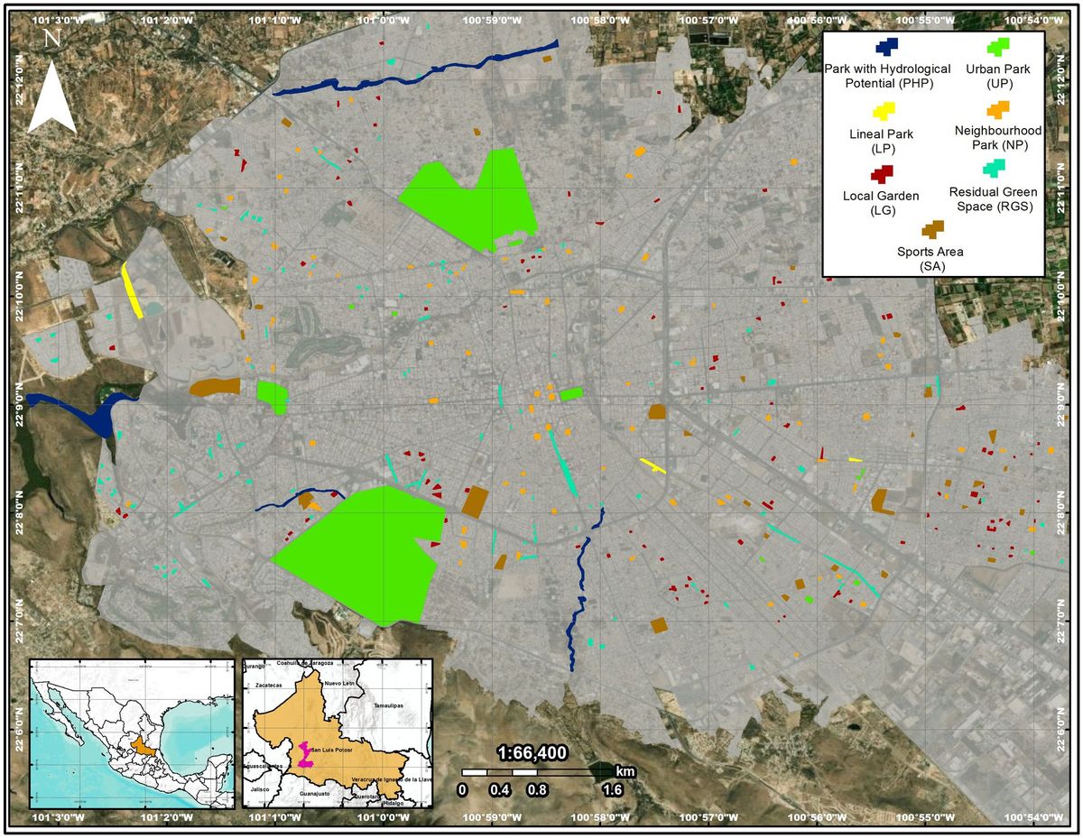 Venue/Architecture.

Mapa de áreas verdes en Aguascalientes, México. Representación gráfica de parques urbanos, lineales y jardines locales. Inmobiliare Summits analiza el espacio público en la ciudad.