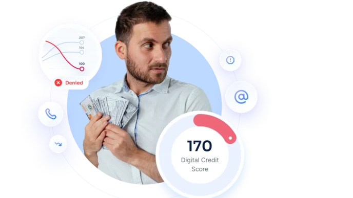 Hombre con billetes y gráficos de crédito hipotecario denegado. Concentración BBVA en seis entidades. Solicitud de crédito hipotecario.