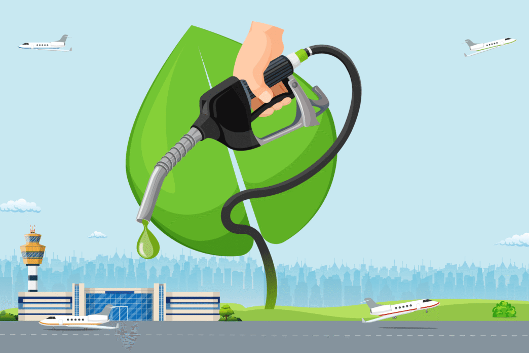 Ilustración de combustible de aviación sostenible vertiéndose de una manguera sobre una hoja verde, aviones y aeropuerto, real estate verde.