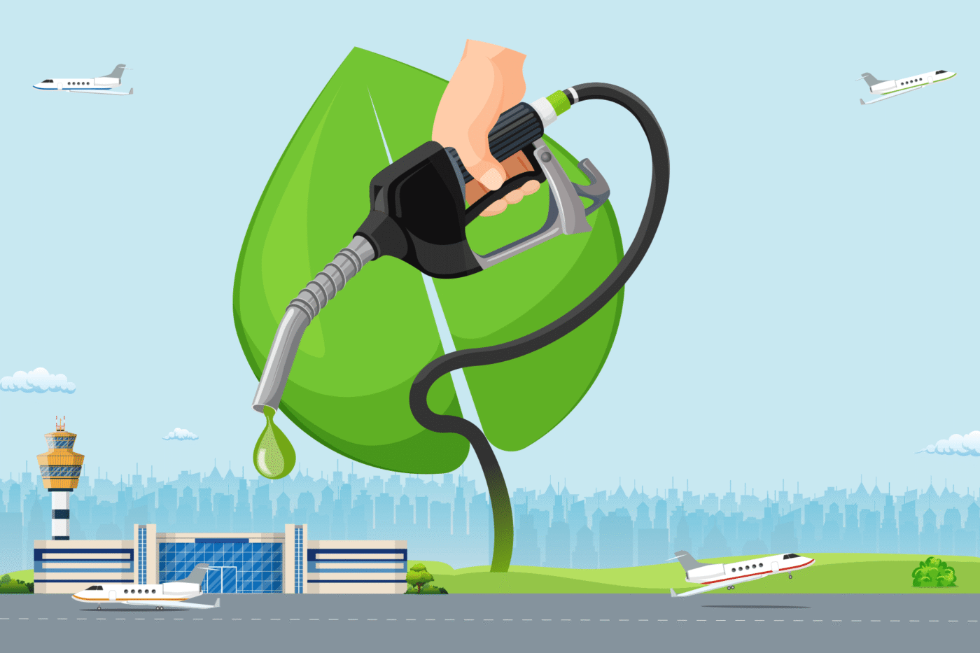 Ilustración de combustible de aviación sostenible vertiéndose de una manguera sobre una hoja verde, aviones y aeropuerto, real estate verde.
